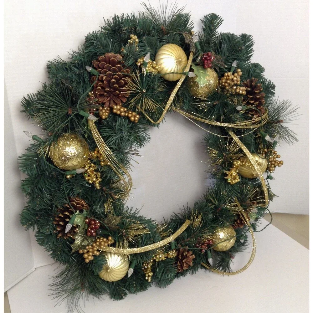 Christmas Wreath PreLit Green/Gold Pine Cones Balls Glamour Front Door Wall 23